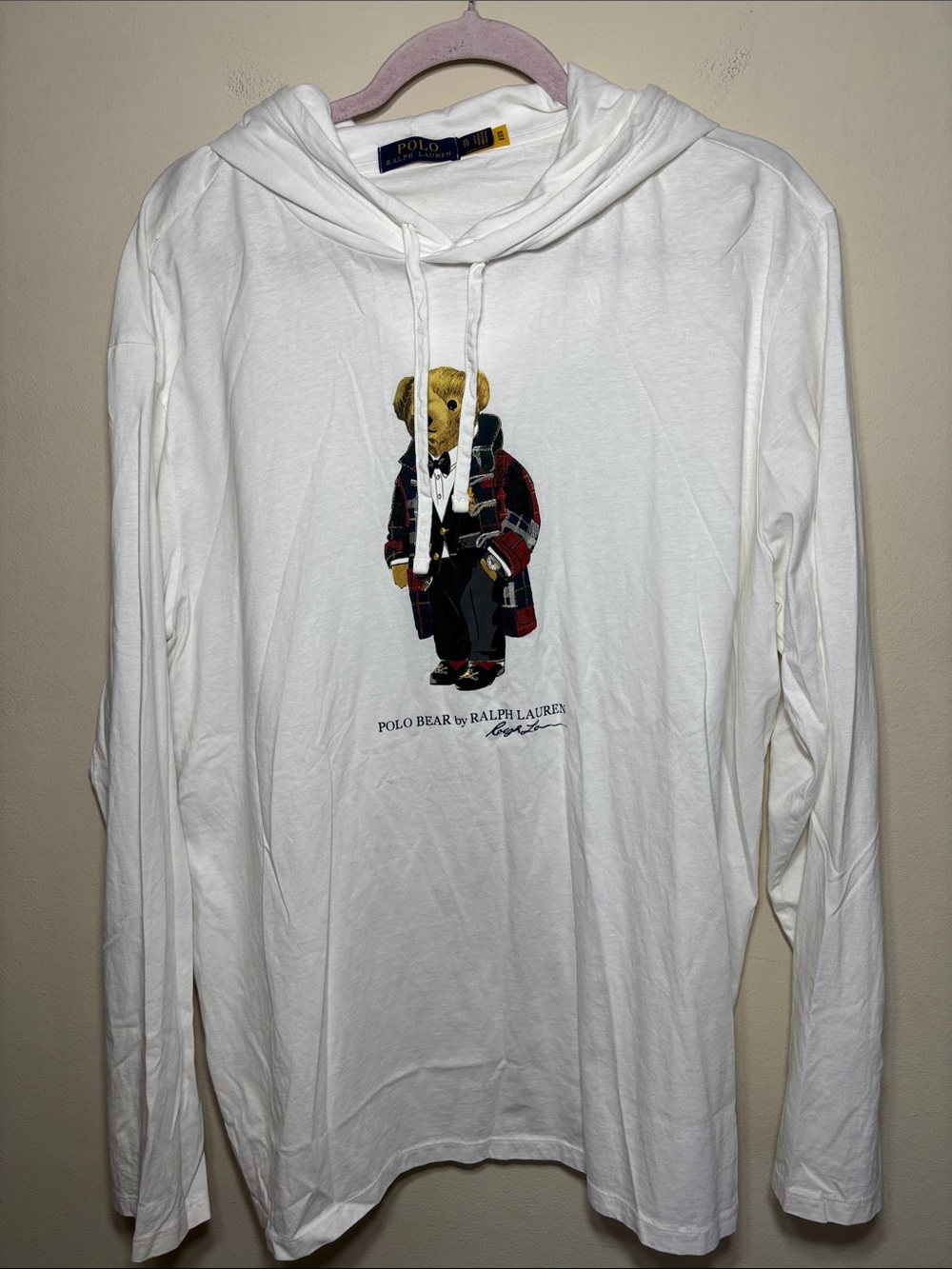 White Ralph Lauren Lightweight Hoodie featuring the iconic Tuxedo Bear